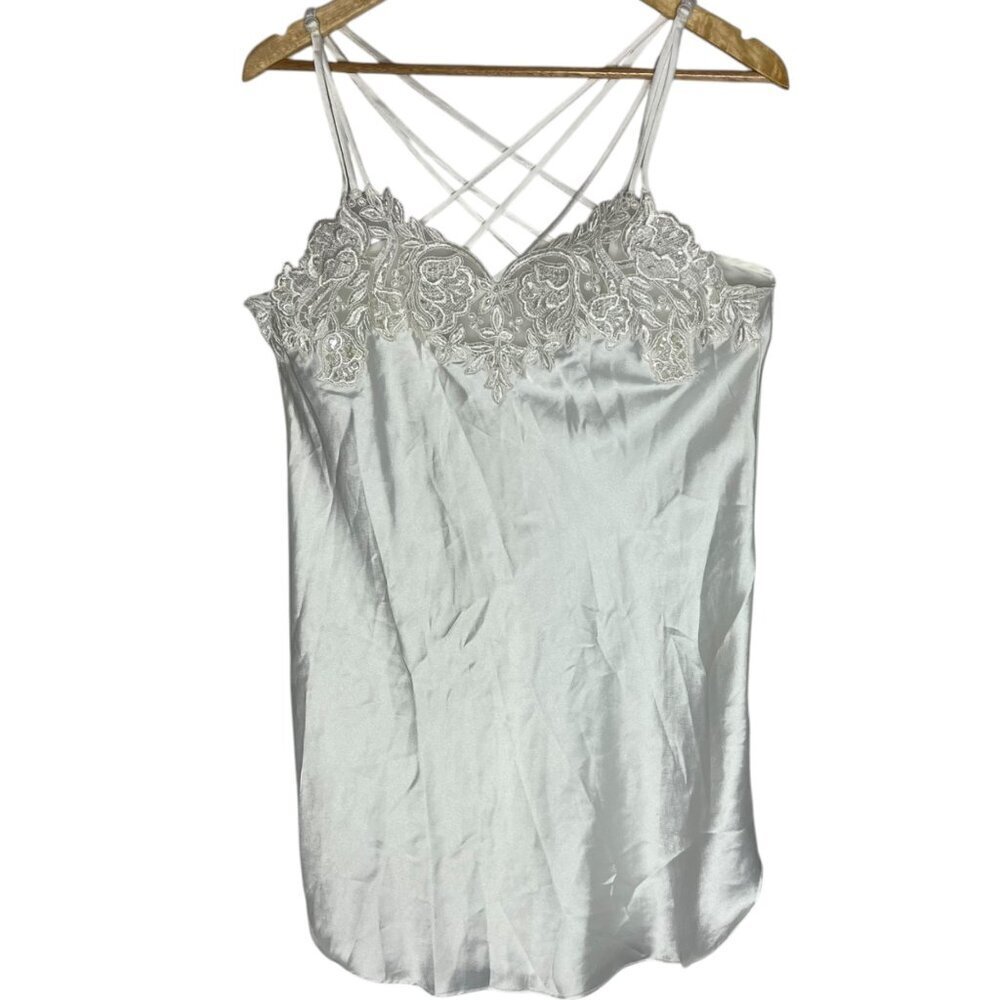 Vtg Womens M Satin Lingerie Tank Top White Applique Lace Strappy Back Ethereal